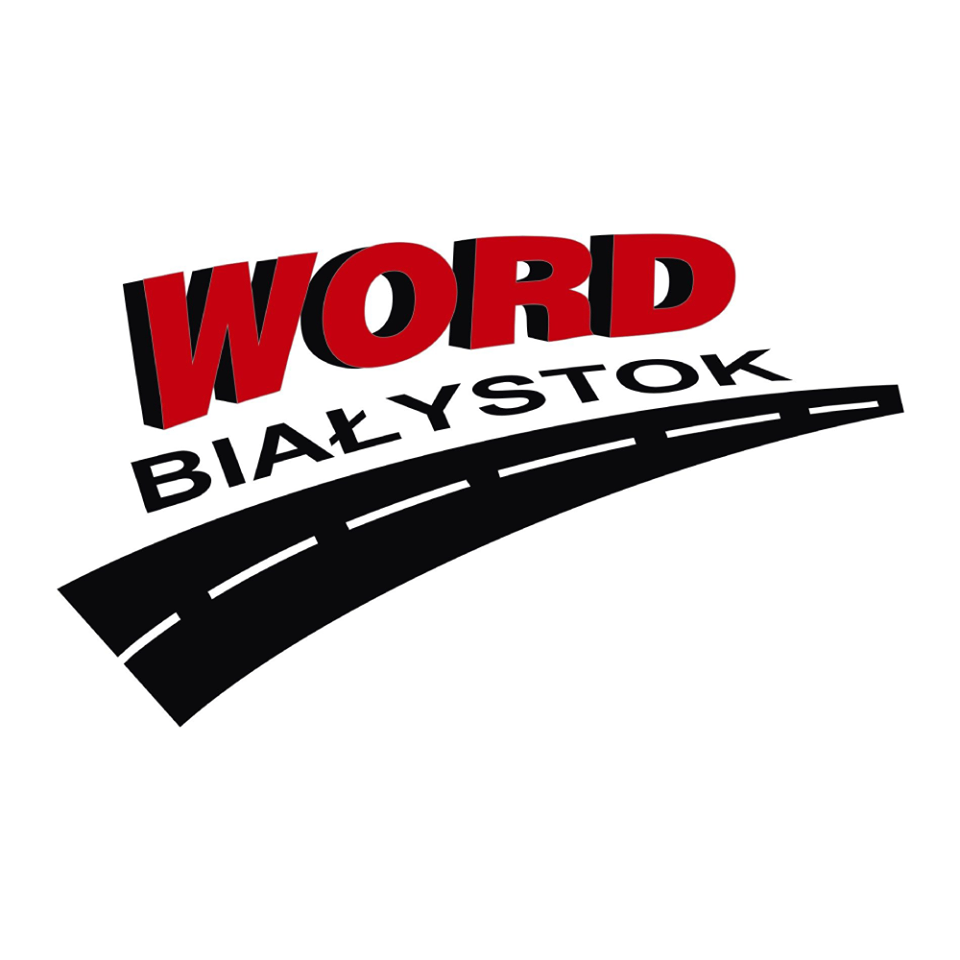 Logo z biało - czerwonym napisem WORD Białystok, pod napisem rysunek asfaltowej czarnej drogi przedzielonej białą przerywana linią.