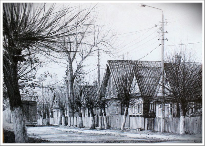 Zdjęcie przedstawia czarno-biały rysunek drewnianych chat, przed chatami stoi drewniany płot i bielone drzewa. Na drzewach nie ma liści.