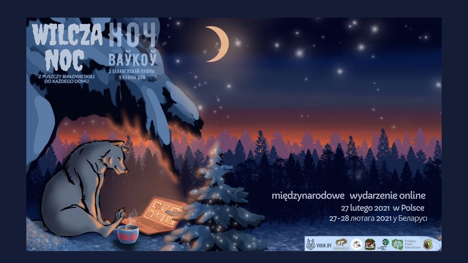 Grafika przedstwiająca noc w puszczy, po lewej stronie siedzi wilk; w górnym leweym rogu widnieje napis "Wilcza Noc z Puszczy Bialowieskiej do każdego domy" w języku polskim i białoruskim; w prawym dolnym rogu napis: międzynarodowe wydarzenie online 27 lutego 2021 r. w Polsce, 27-28 lutego 2021r. na Białorusi; u dolu logotypy 