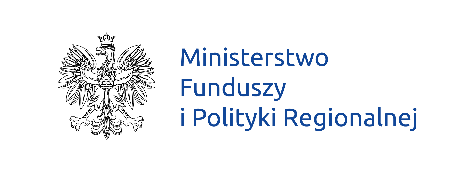 Z lewej strony czarna grafika orła w koronie. Z prawej strony granatowy napis Ministerstwo Funduszy i Polityki Regionalnej