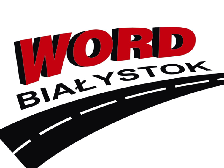 Logo z biało - czerwonym napisem WORD Białystok, pod napisem rysunek asfaltowej czarnej drogi przedzielonej białą przerywana linią.