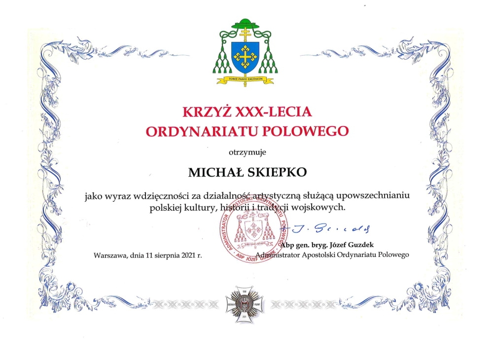 Akt nadania Krzyża XXX-lecia Ordynariatu Polowego