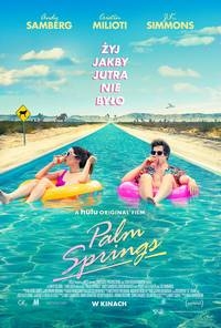 Plakat filmowy. Na żółtym i różowym kole do pływania leżą mężczyzna i kobieta. Na dole napis: „Palm springs”.