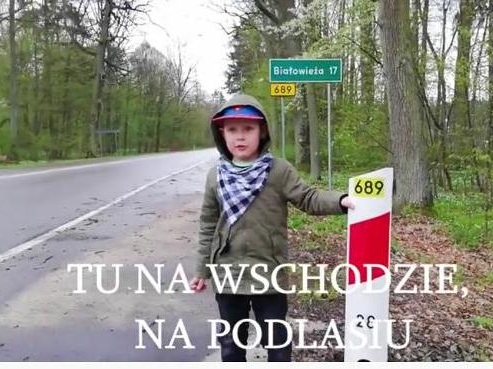 chłopczyk stoi przy biało-czerwonym słupku, tuż przy drpodze prowadzącej do Białowieży; za nim tablica informacyjna z napisem Białowieża 17