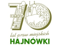 grafika 70 lat praw miejskich Hajnówki, z elementami charakterystycznymi dla miasta