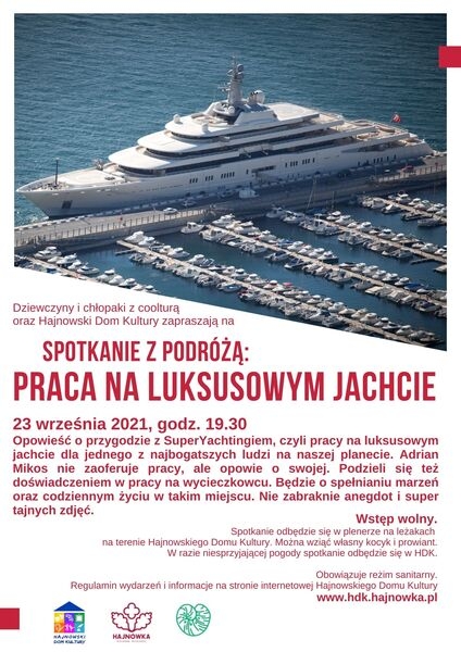 plakat wydarzenia; u góry zdjęcie jachtu wycieczkowego, pod nim informacja o spotkaniu