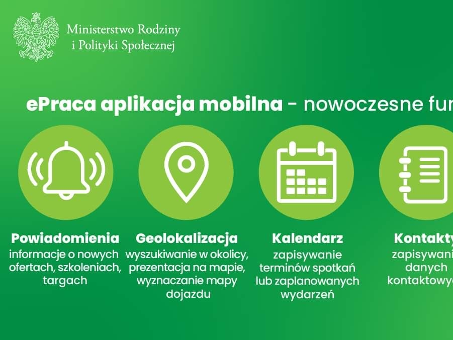 zielony plakat z logiem ministerstwa oraz ikonkami aplikacji