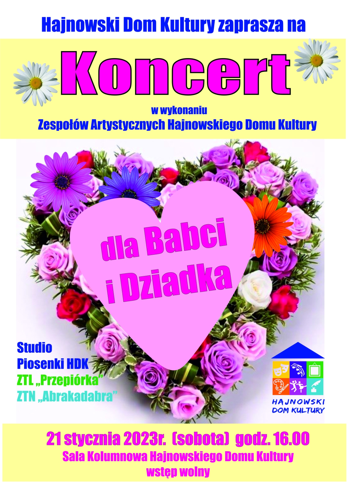 Grafika serca i kwiatów, logo organizatora oraz informacje o wydarzeniu