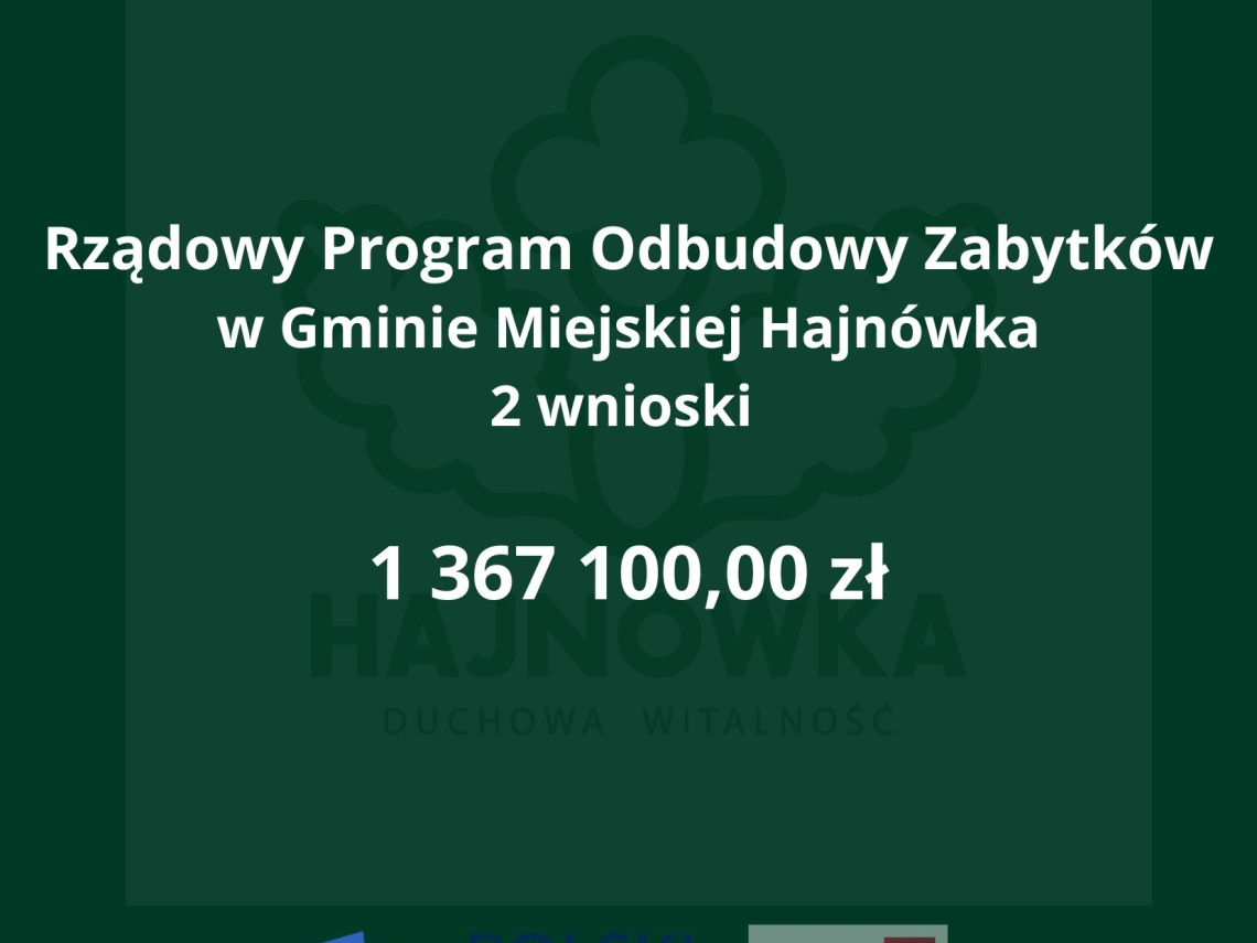 na ciemno zielonym tle, w które wkomponowane jest logo miasta Hajnówka, biały tekst, u dołu logo programu Polski Ład oraz Banku Gopodarstwa Krajowego