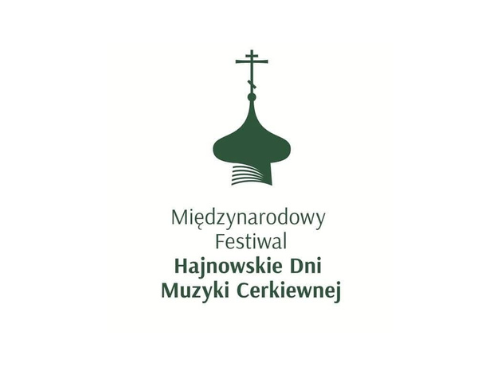 logo festiwalu, na białym tle zielona grafika kopuły cerkiewnej poniżej napis Miedzynarodowy Festiwal Hajnowskie Dni Muzyki Cerkiewnej
