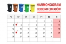 kalendarz z zaznaczonymi datatami oraz zestaw kolorowych koszy na odpady i napis: HARMONOGRAM ODBIORU ODPADÓW