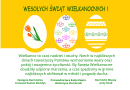 żółta kartka z trzema jajami, na których są kolorowe wzory z logiem oraz życzenia świąteczne 