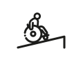 piktogram na białym tle czarna grafika przedstawiająca osobę wjeżdżającą wózkirm inwalidzkim na pochylnię