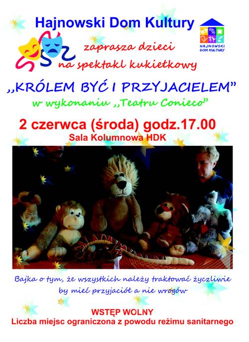 Plakat zapraszający na teatrzyk W gónej części plakaatu znajdują się informacje o wydarzeniu. W dolnej zdjęcie ze spektaklu.