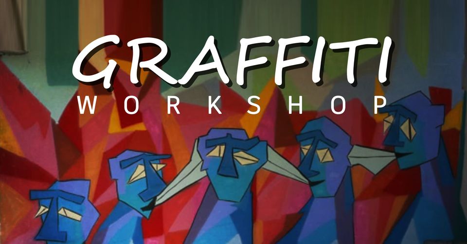 barwny plakat przedstawiający graffiti - niebieskie stworki na kolorowym tle; u góry biały napis Graffiti workshop