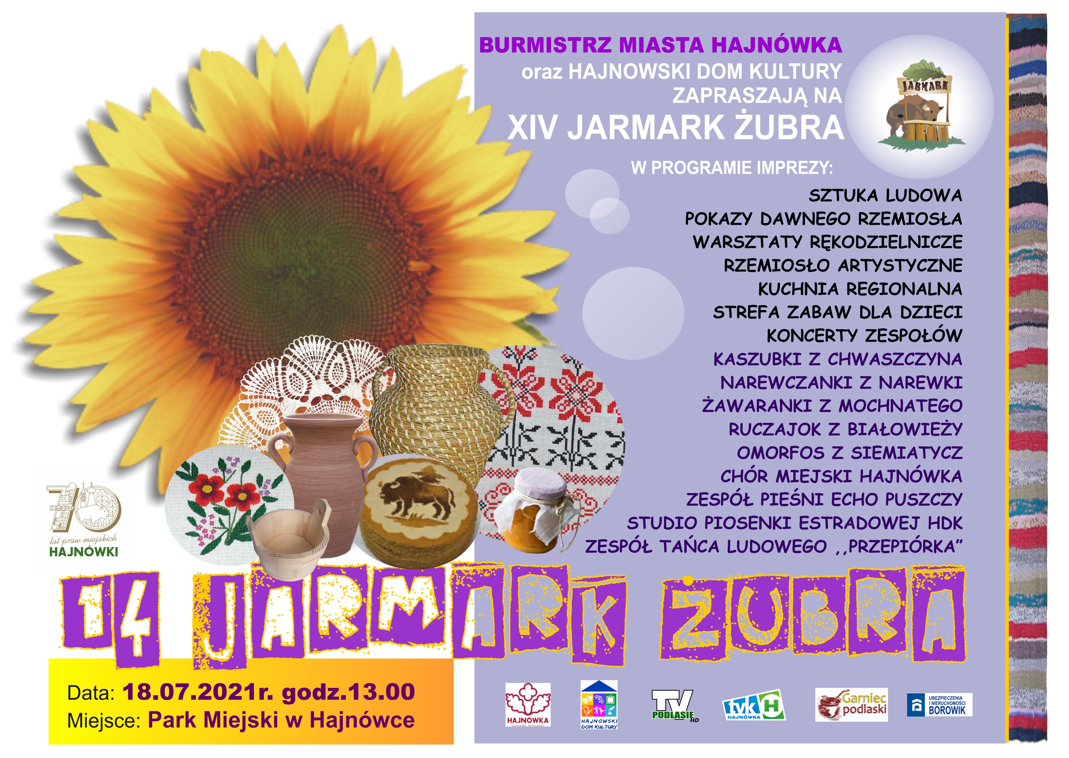 plakat wydarzenia; z lewej strony duzy kwiat słonecznika, po prawej na filoletowym tle program wydarzenia 