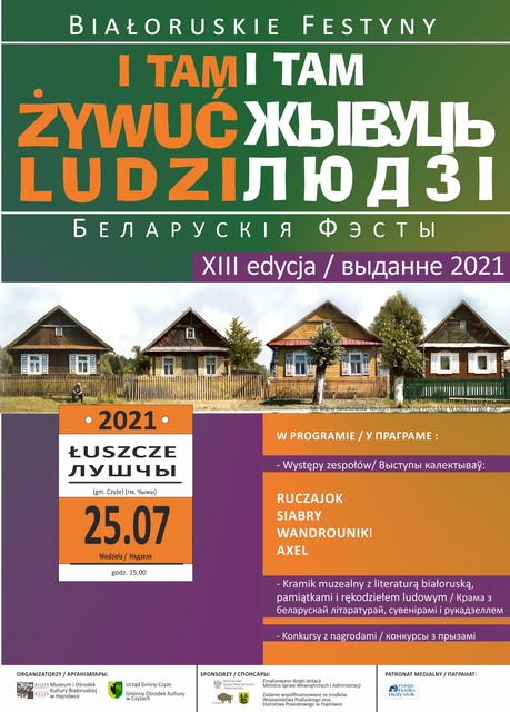 Plakat zapraszający na wydarzenie Plakat w polskim i białoruskim języku. Grafika starych chat oraz informacje o wydarzeniu