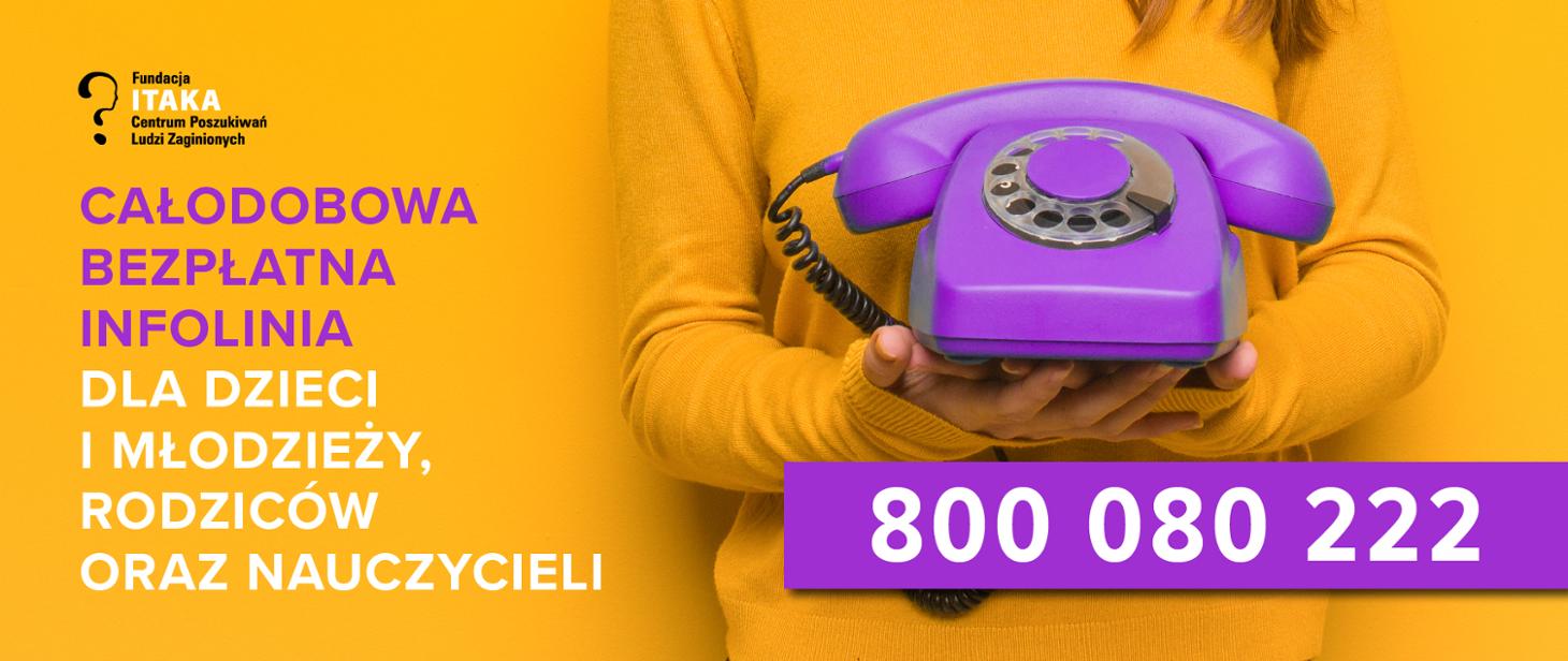 Na żółtym tle fioletowy telefon i numer telefonu.