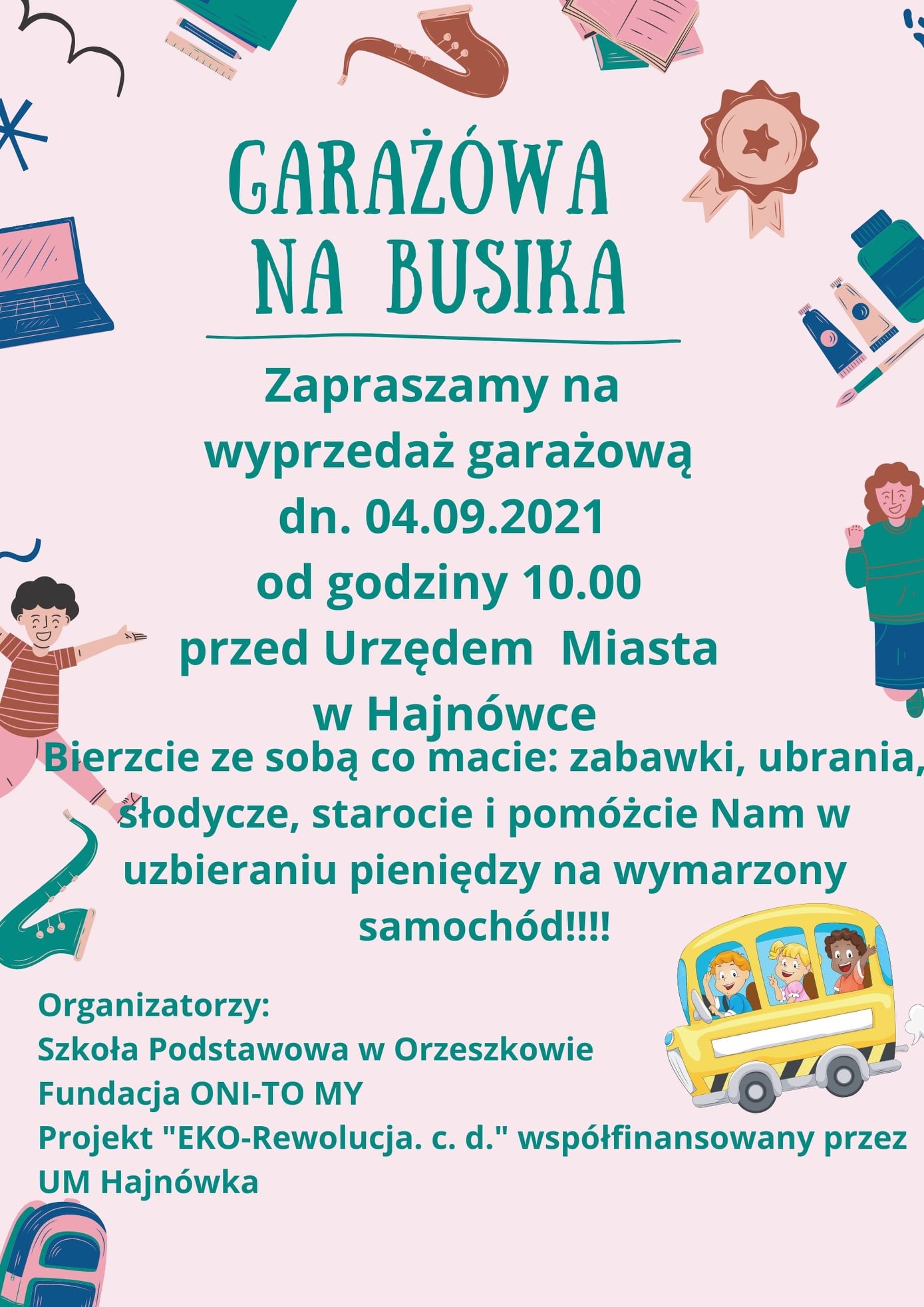 plakat wydarzenia; na różowym tle informacje o wydarzeniu