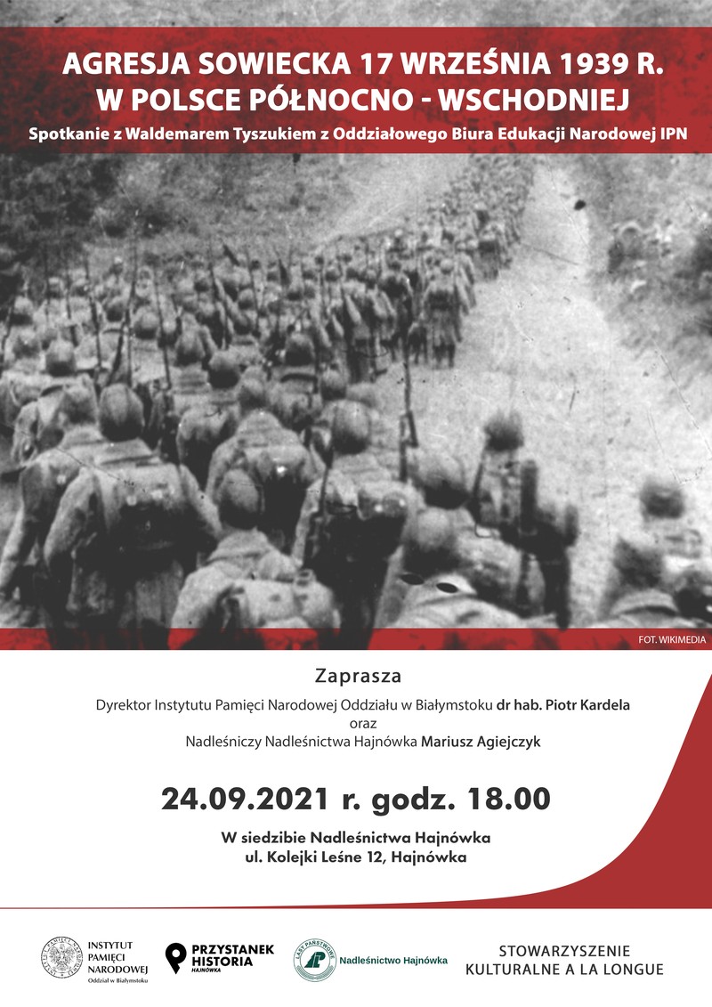plakat zdjęcie idących zołnierzy wykonane od tyłu, oraz loga organizatorów i informacje o wydarzeniu.