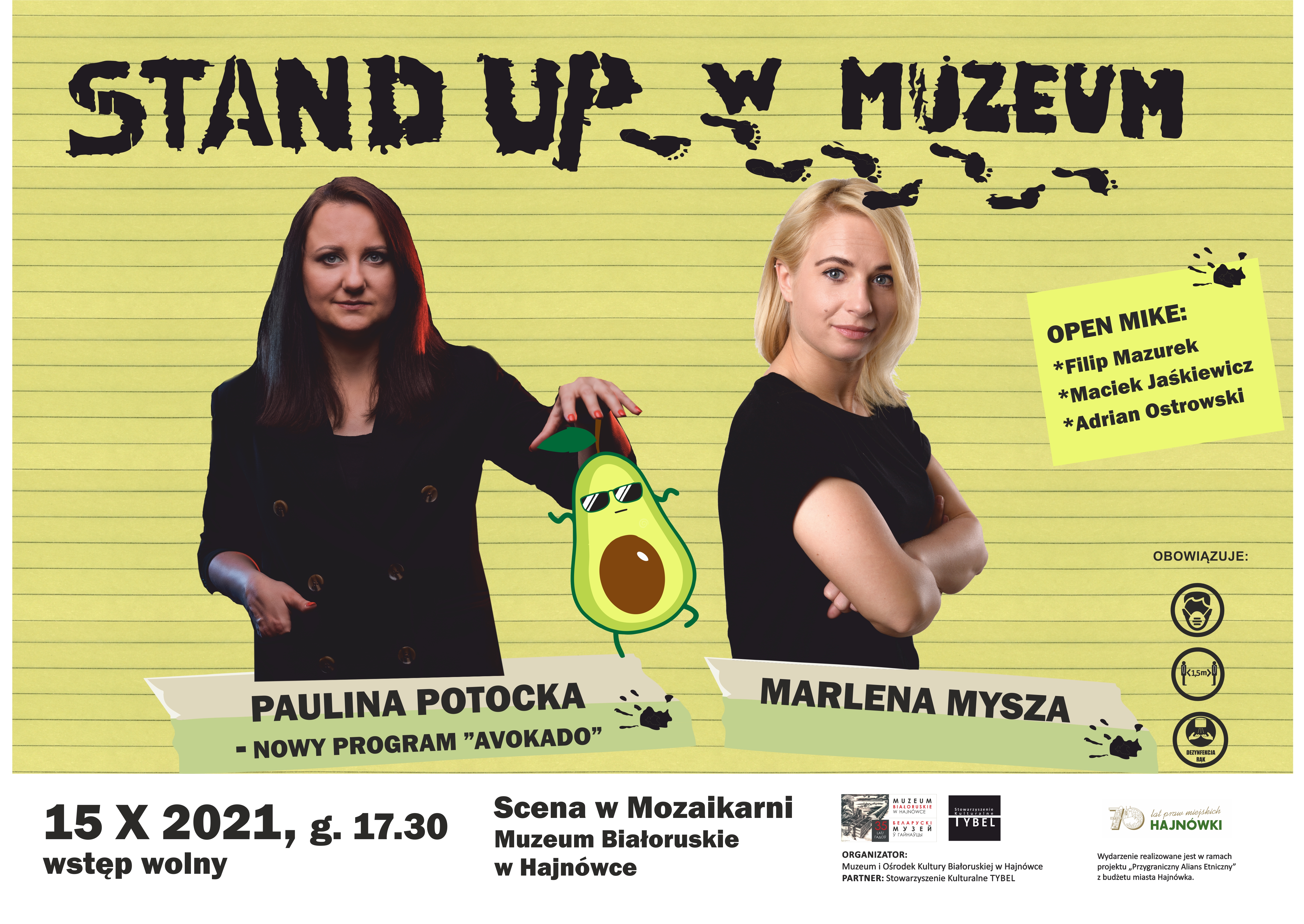 Plakat zapraszający na wydarzenie żółty plakat, na którym są dwie kobiety oraz informacje o wydarzeniu