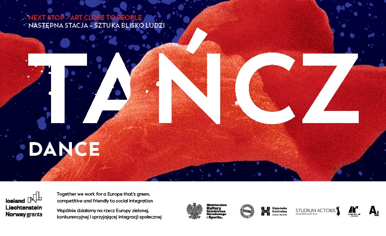 Plakat zapraszający na wydarzenie czerwono-granatowe tło z napisem TAŃCZ DANCE oraz loga organizatorów