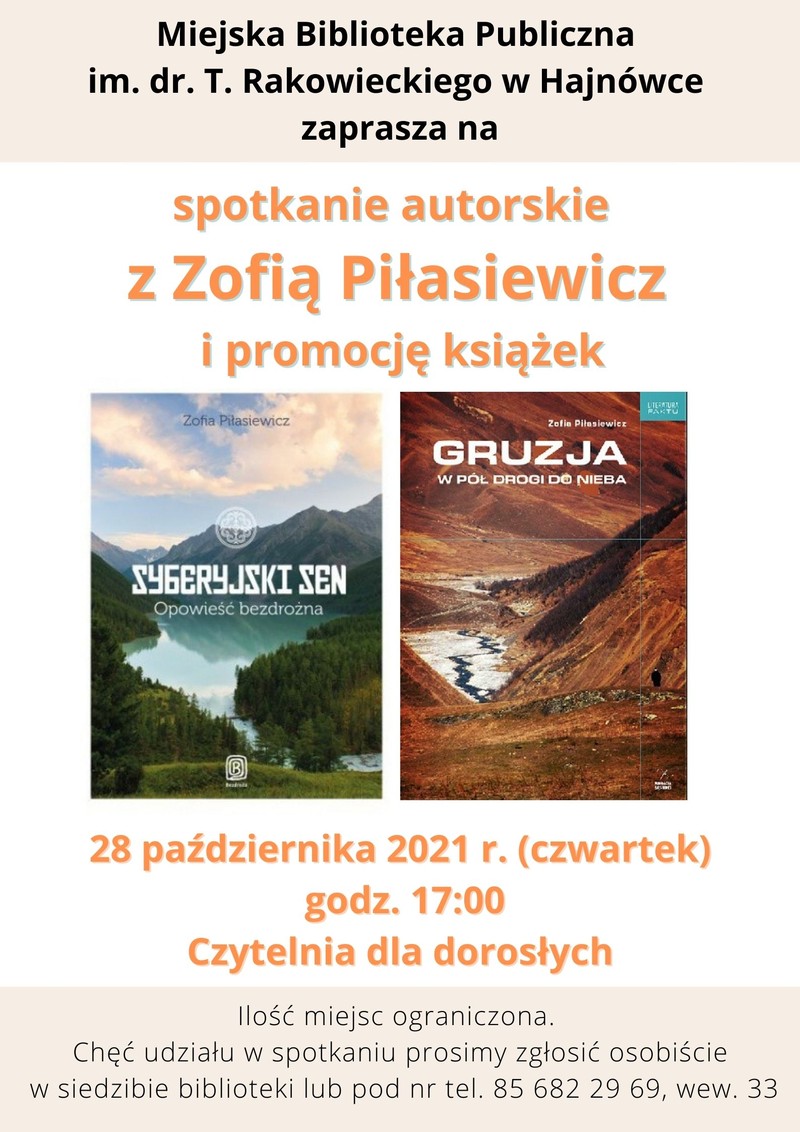 Plakat zapraszający na wydarzenie Na plakacie znajdują sie informacje o wydarzeniu oraz dwie okładki książek