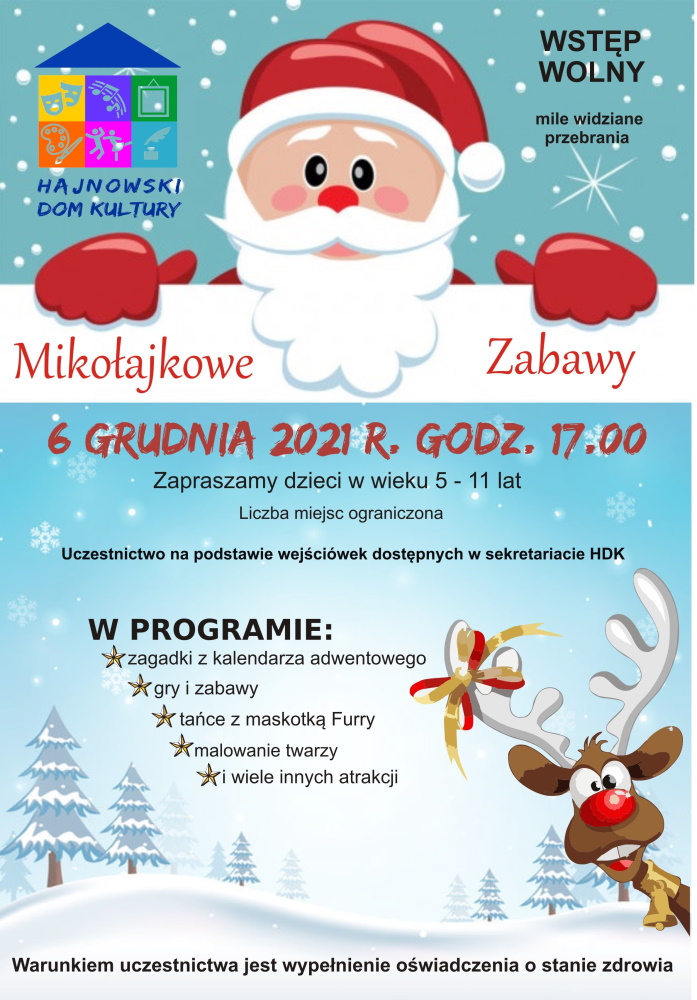 Plakat, na niemieskim dle Święty Mikołaj, niżej informacje o wydarzeniu