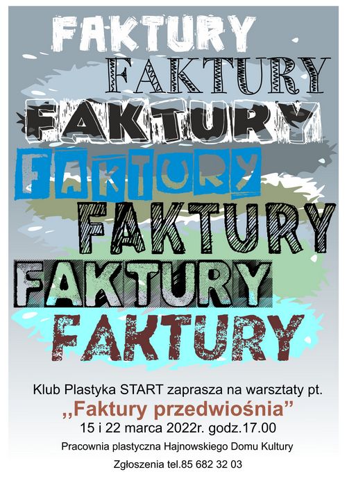 Plakat promujący wydarzenie, widocznych jest siedem napisów "Faktyra" oraz informacje o warsztatach