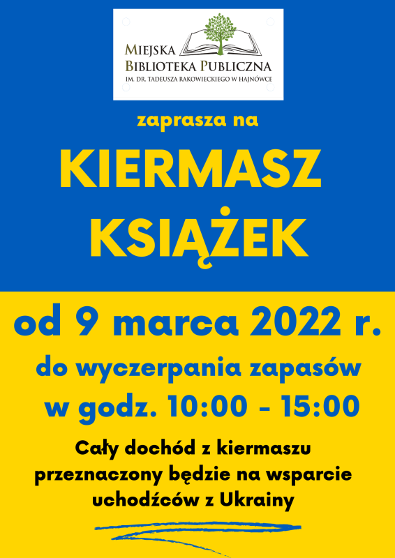 niebiesko-żółty plakat, na nim informacje o kiermaszu i logo biblioteki