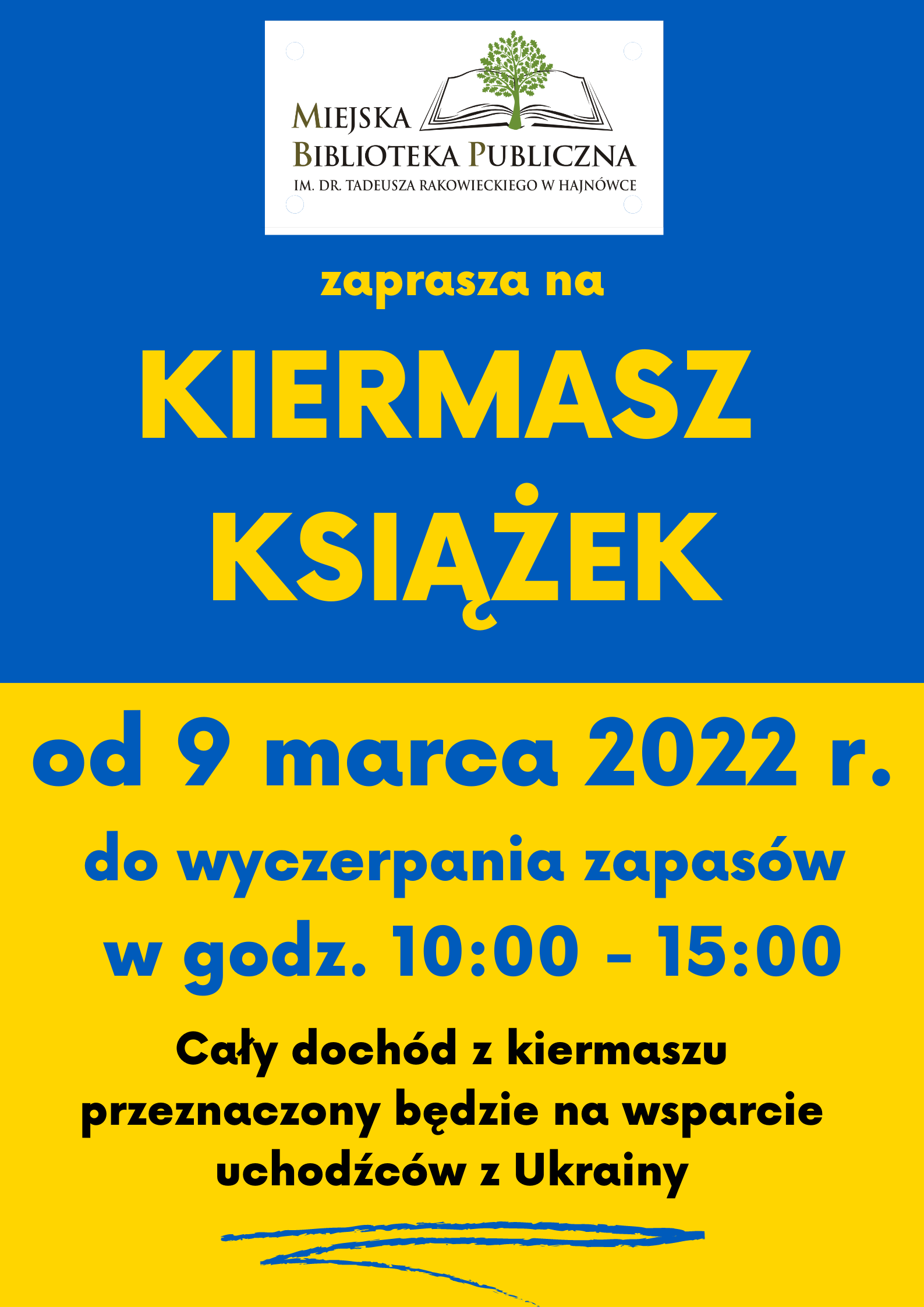niebiesko żółty plakat (kolory flagi Ukrainy) informujący o kiermaszu książek