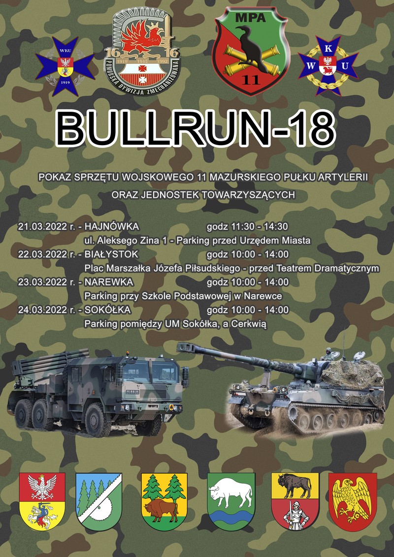 Plakat zapraszający na wydarzenie sprzęt wojskowy oraz herby miast, w których będą pokazy