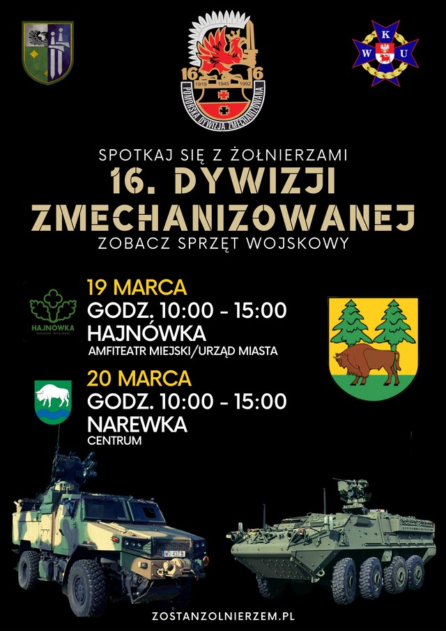 Plakat zapraszający na wydarzenie grafika sprzętu wojskowego oraz loga i herby herby współorganizatorów