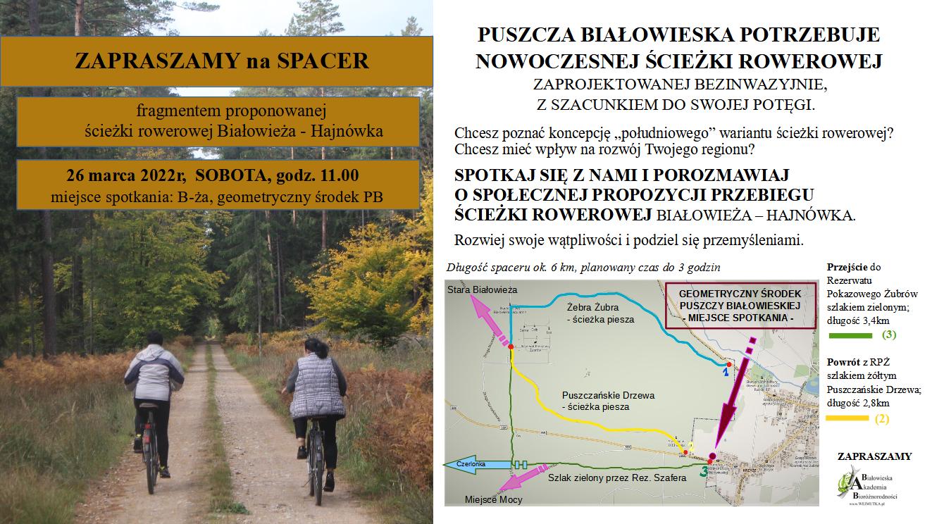 dwuczęsciowy plakat; po lewej stronie w tle zdjęcie rowerzystów jadących ścieżką w otoczeniu lasu, u góry treść zaproszenia; po prawej stronie mapa z nakrśloną propozycją trasy