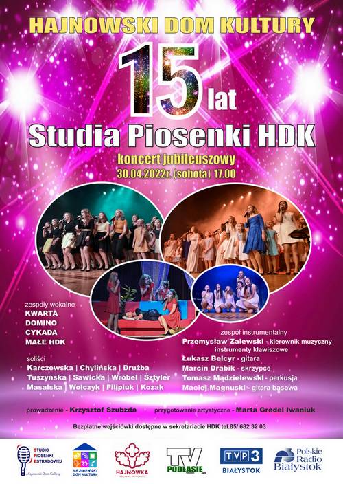 Plakat zapraszający na wydarzenie na różówym tle napis 15 lat Studia Piosenki Estradowej oraz loga, informacje o wydarzeniu i zdjecia