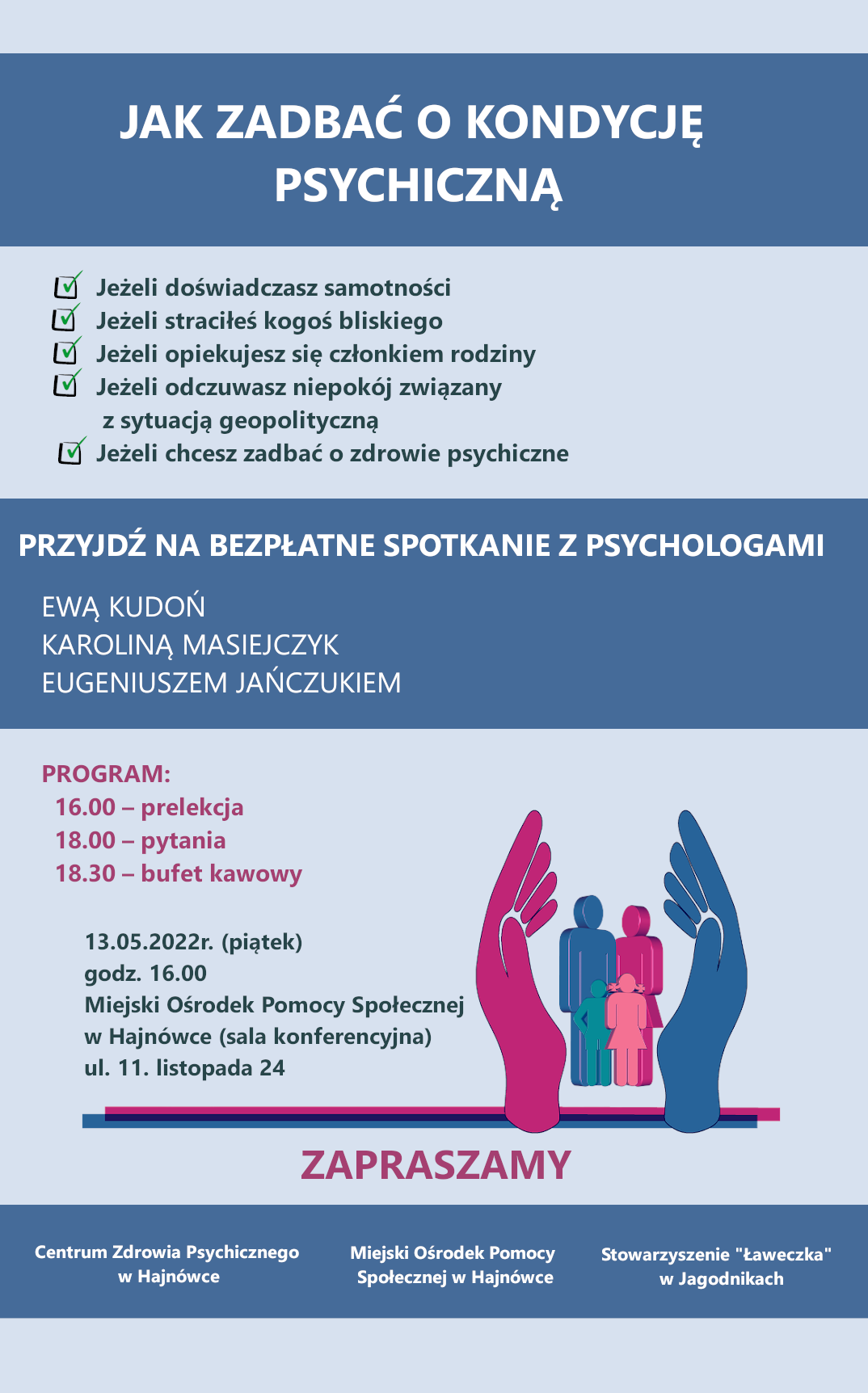 plakat informacyjny w kolorze granatowym i jasnym niebieskim; na nim informacje dotyczące spotkania 