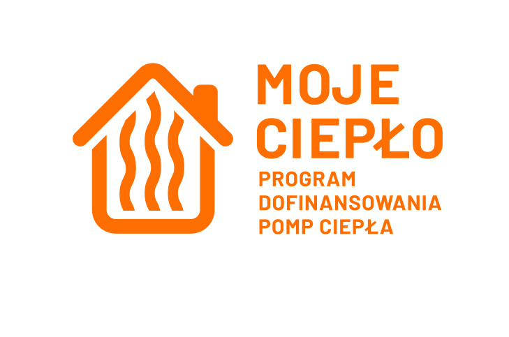 pomarańczowe logo- grafika domu i napis MOJE CIEPŁO