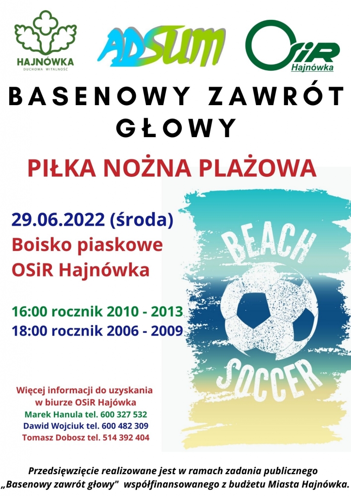 kolorowy plakat wydarzenia; u góry loga organizatorów; pod nim nazwa wydarzenia oraz jego szczegóły; po lewej stronie grafika piłki nożnej na tle wody i piasku