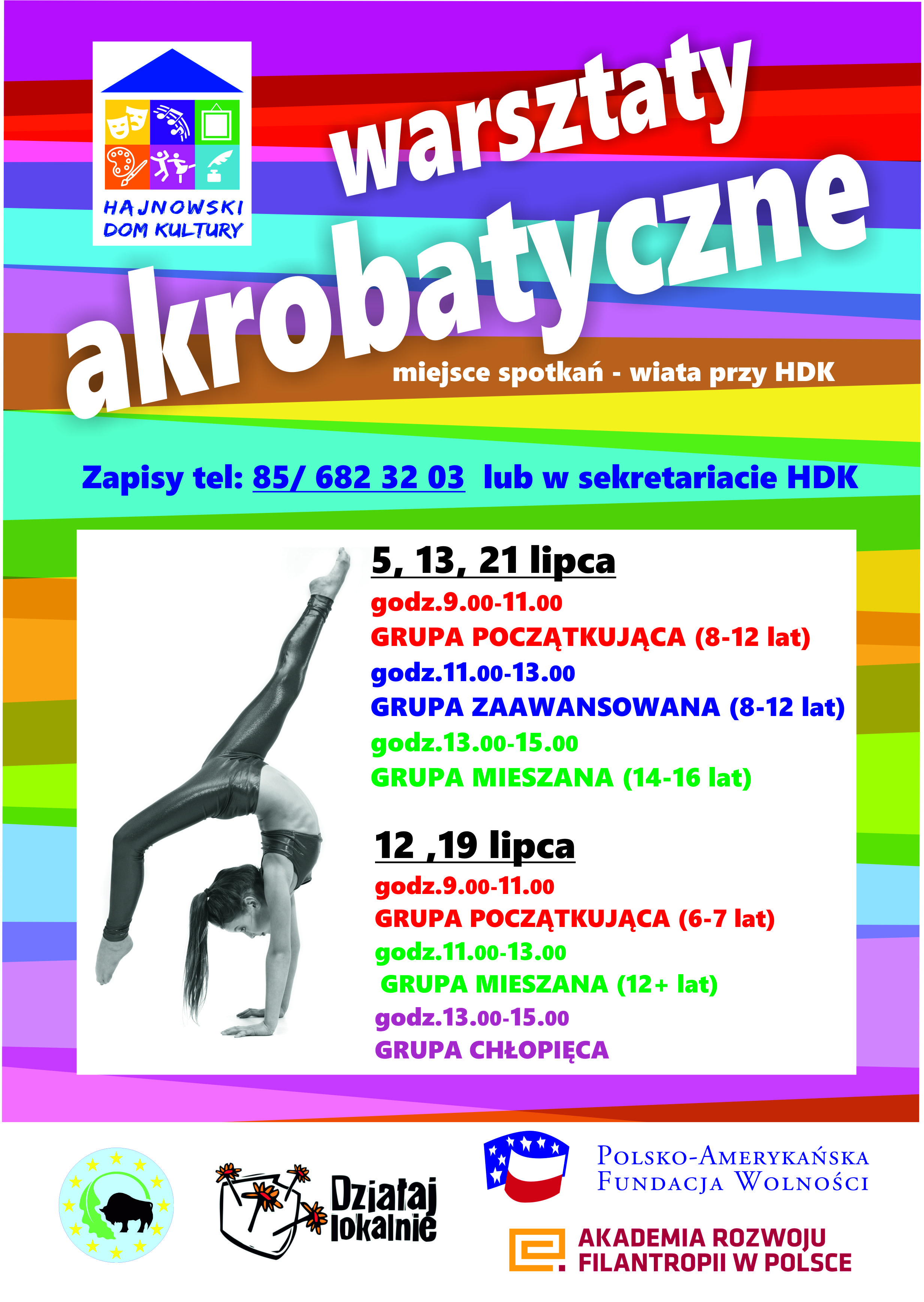 barwny plakat zapraszający do udziału w warsztatach akrobatycznych