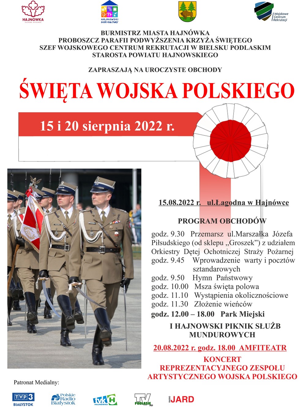 Na zdjęciu maszeruje wojsko. Plakat w barwach narodowych. Informacje o wydarzeniu oraz loga organizatorów. 