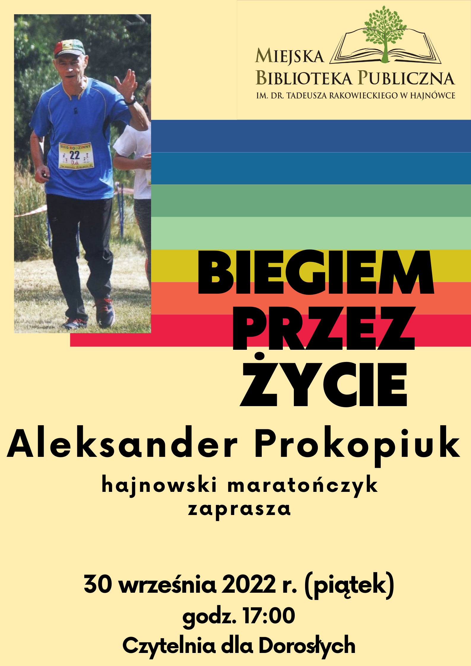 plakat wydarzenia; u góry z lewej strony zdjęcie mężczyzny w biegu, u dołu informacje o spotkaniu