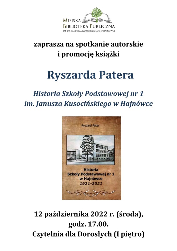 okładka książki z grafiką budynku szkoły, oraz informacje o wydarzeniu i logo biblioteki