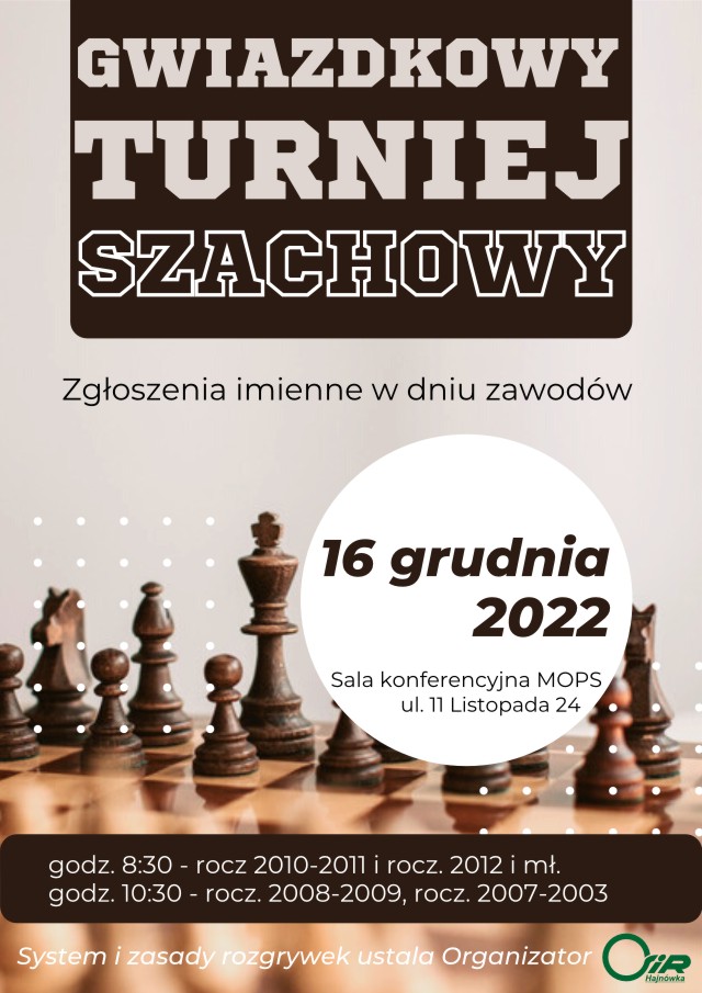 grafika pionków na szachownicy oraz informacje o turnieju