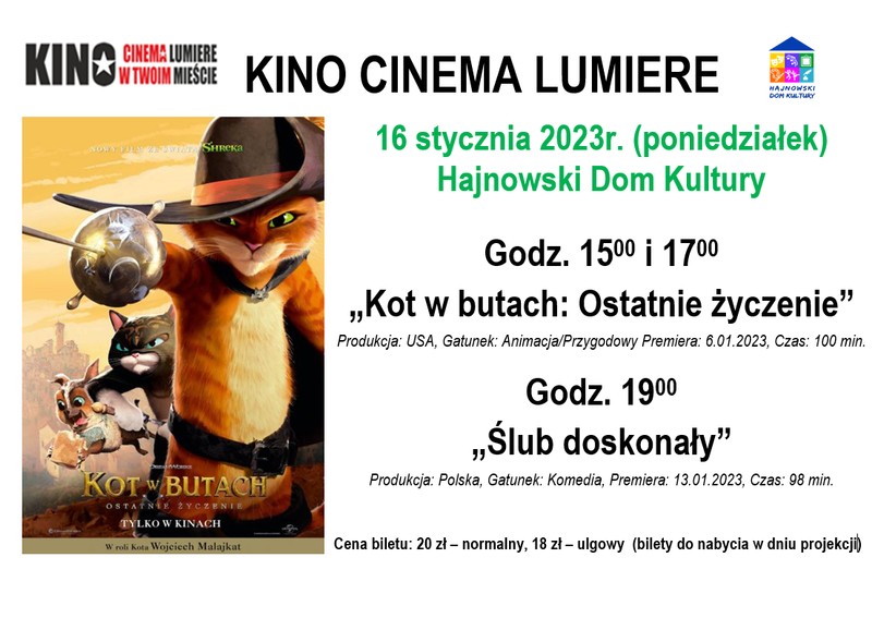 kadr z filmu Kot w buytach oraz informacje o wydarzeniu i loga organizatorów