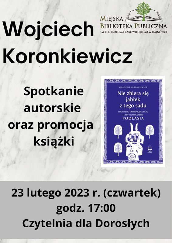 zdjęcie okładki książki oraz informacje o wydarzeniu oraz logo organizatora