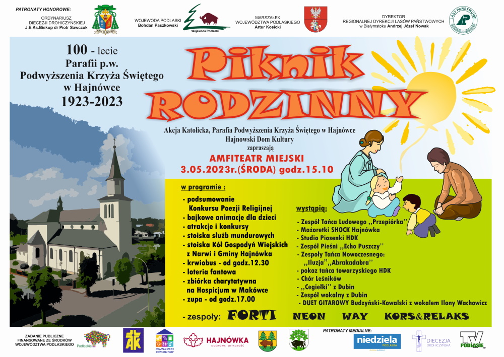 zdjecie kosioła oraz grafika rodziny na pikniku, loga organizatorów, sponsorów oraz informacje o wydarzeniu