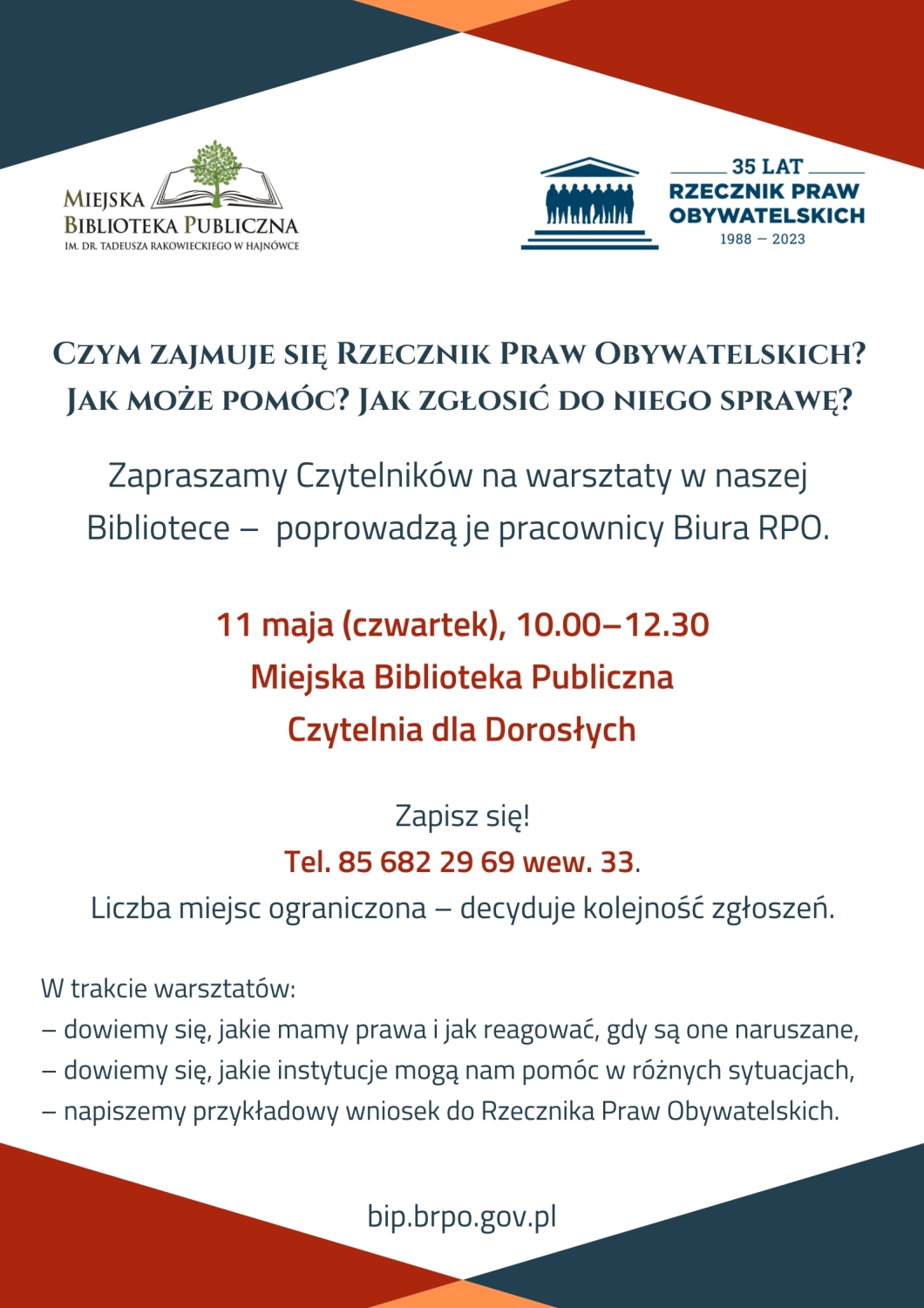 Plakat zapraszający na wydarzenie grafika granatowo czewona oraz laoga organizatorów i informacje o wydarzeniu