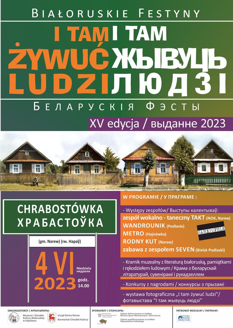 Plakat zapraszający na wydarzenie zdjęcia wiejskich chat oraz loga organizatorów i informacje o wydarzeniu