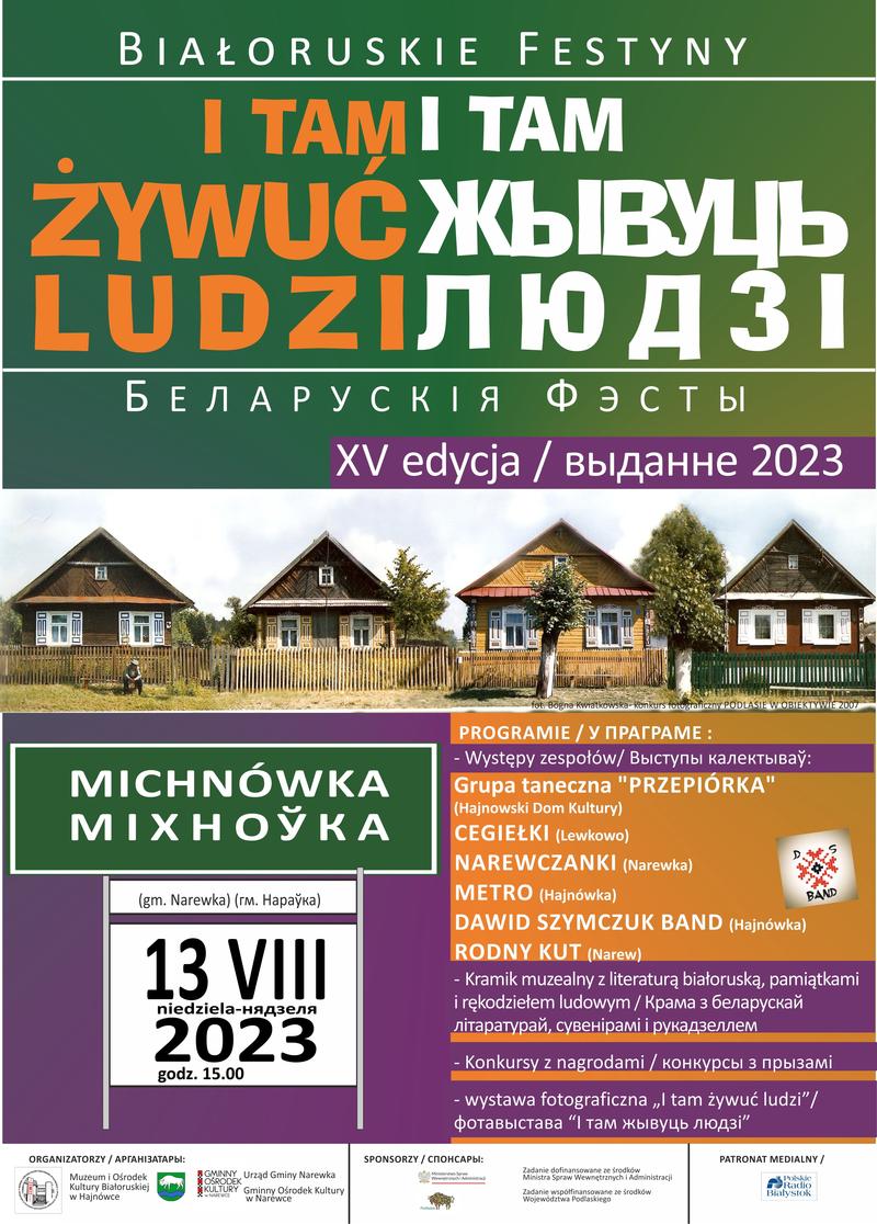 Plakat zapraszający na wydarzenie zdjęcia wiejskich chat oraz loga organizatorów i informacje o wydarzeniu