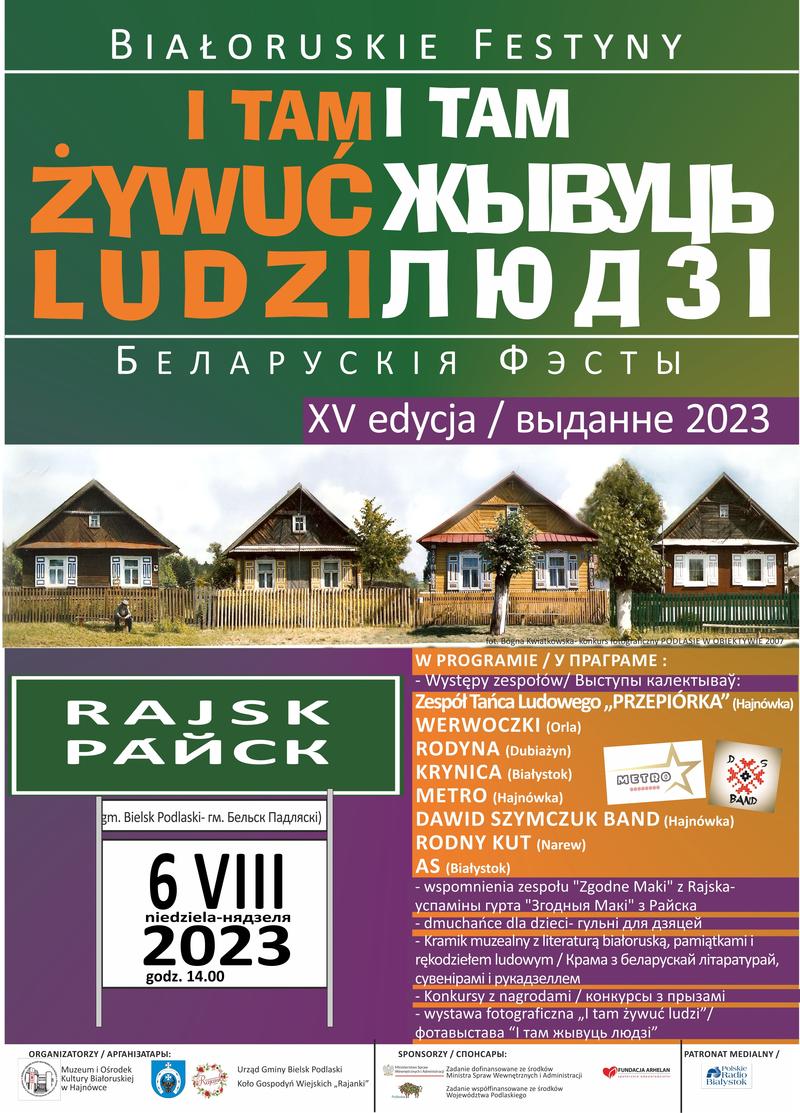 Plakat zapraszający na wydarzenie zdjęcia wiejskich chat oraz loga organizatorów i informacje o wydarzeniu